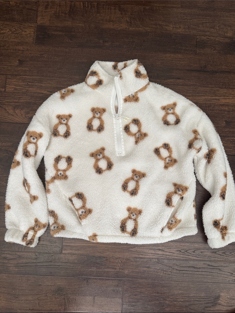 No Boundaries Cream Teddy Print Sherpa Half-Zip Pullover